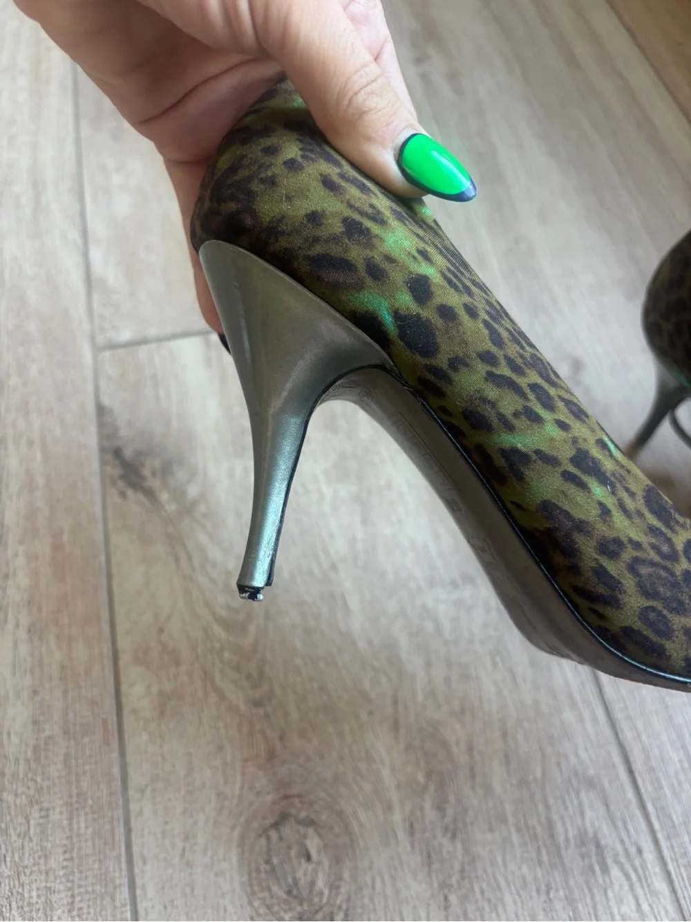 Marciano Leopard-Print Pointed Toe Pumps with Metallic Green Accents